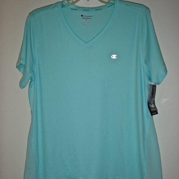 CHAMPION WOMEN'S VAPOR PERFORMANCE V-NECK SHORT SLEEVED T-SHIRT BLUE MIST XL-NEW - Picture 1 of 7